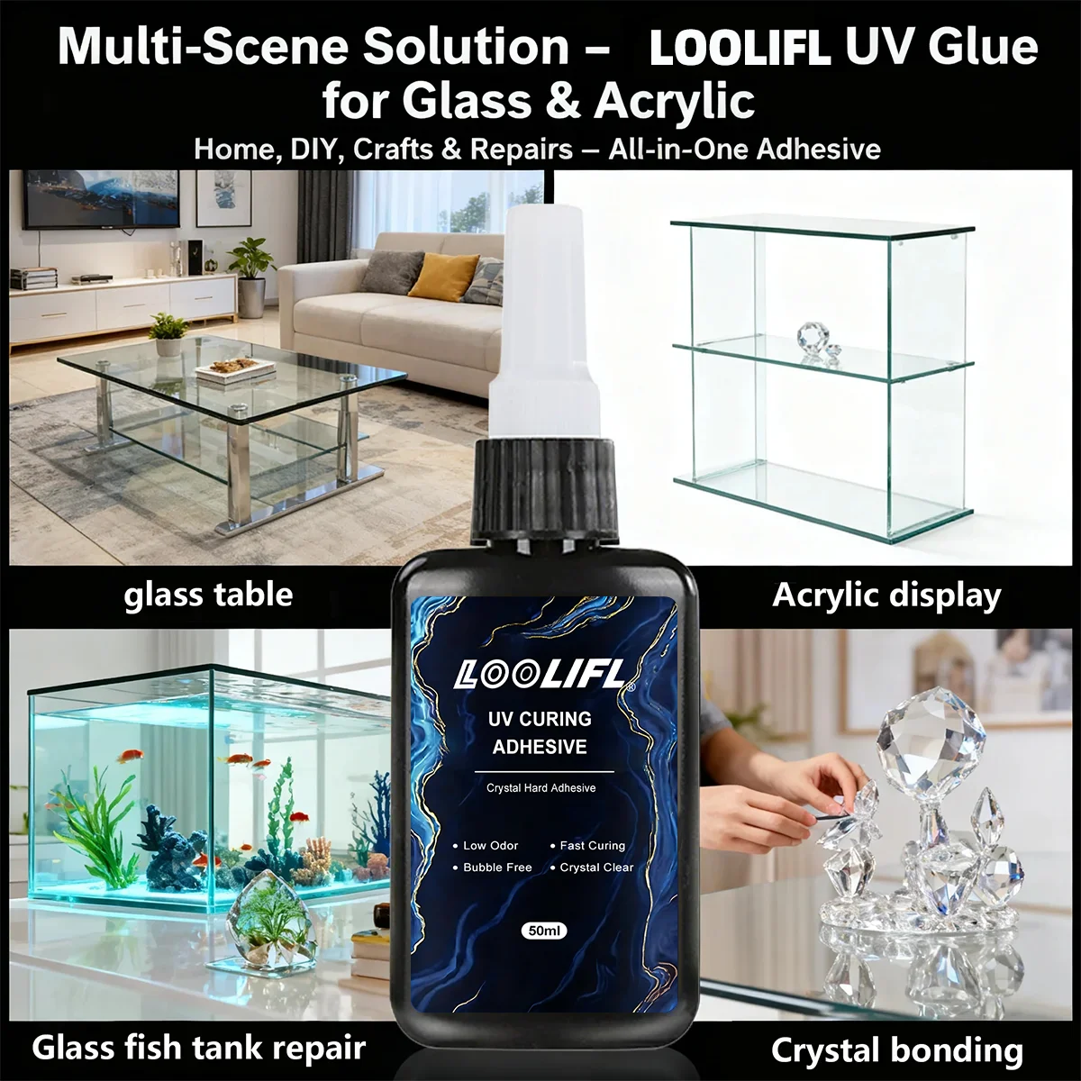 Loolifl 50ml UV Glue with UV Lamp, Super Strong Bond for Glass, Acrylic, Metal, DIY Jewelry Making, Household Craft Repair Glue