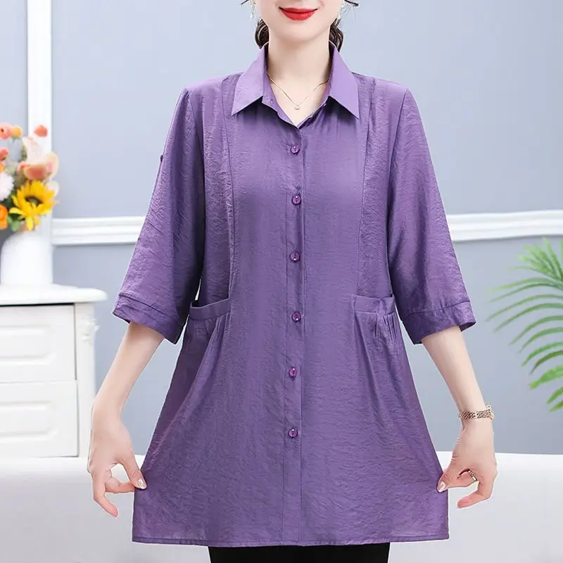 Casual Solid Color Midi Shirt Commute Single-breasted Fashion Turn-down Collar Summer 3/4 Sleeve Female Clothing Pockets Blouse