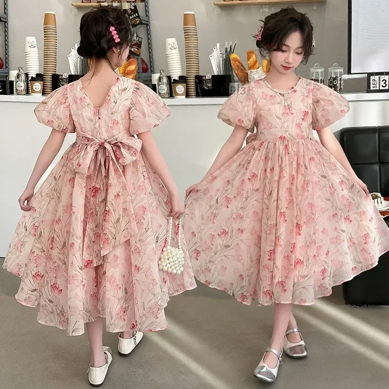 

Summer 2025 New Children Puff Sleeve Long Dress for Kids Sweet Print Loose Dresses 13 14 15 Y Teen Colthes Girls Princess Dress