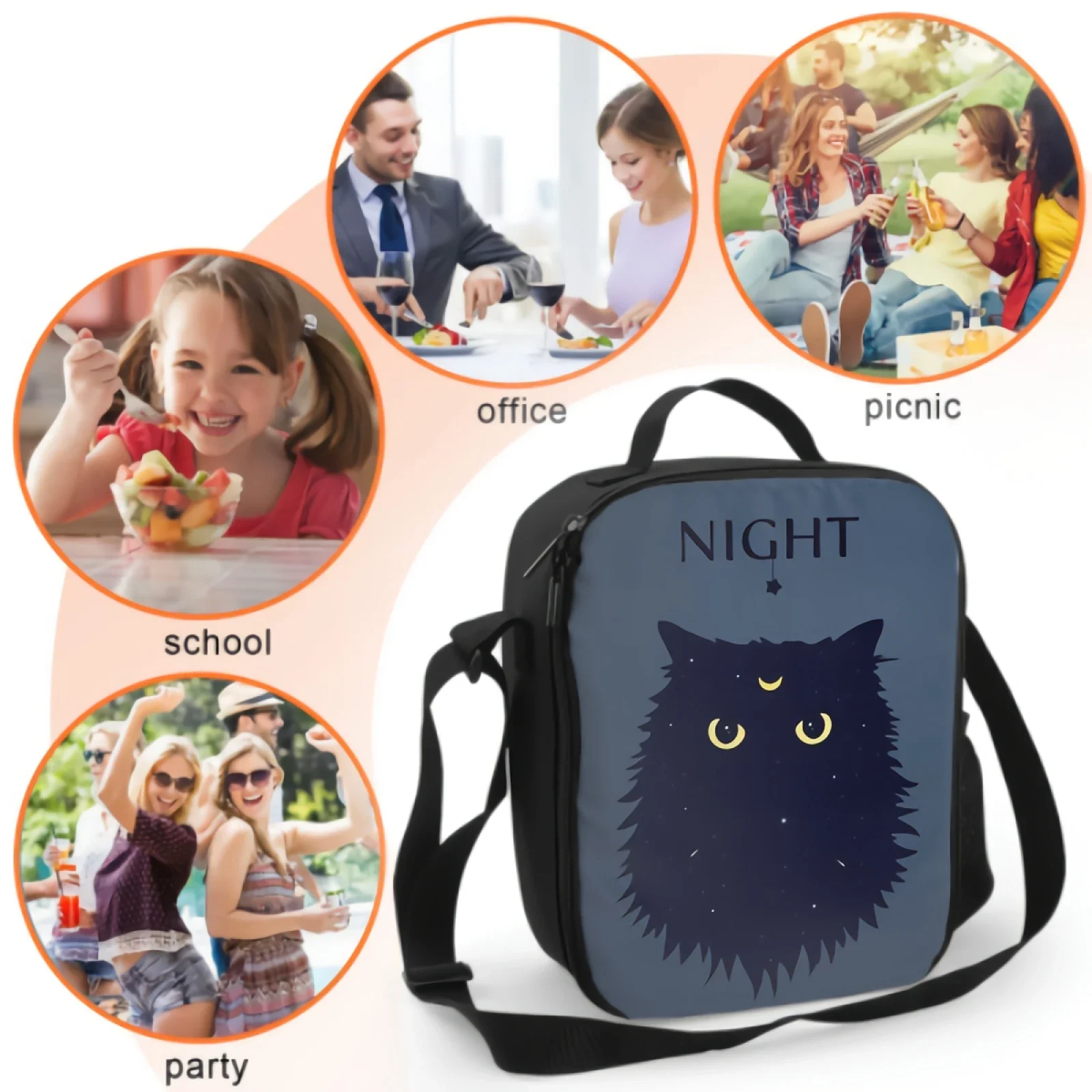 Black Cat Lunch Box Insulated Meal Bag Crescent Moon Symbol Lunch Bag Thermal Food Container for Boys Girls School Travel Picnic