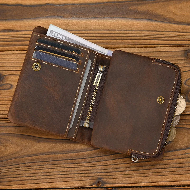 Top Qaulity 100% CowSkin Leather Coin Wallet Zip Men Women Girls Short Wallet Purse Zipper Brown Small Wallet