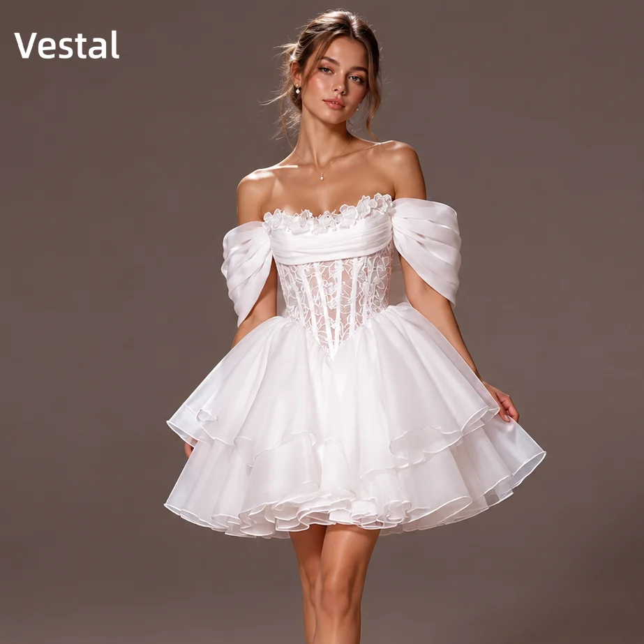 

Vestal White Homecoming Dress Lace Corset Short Wedding Dress Tiered Ruffle Tulle Bridal Mini Dress Prom Birthday Customized