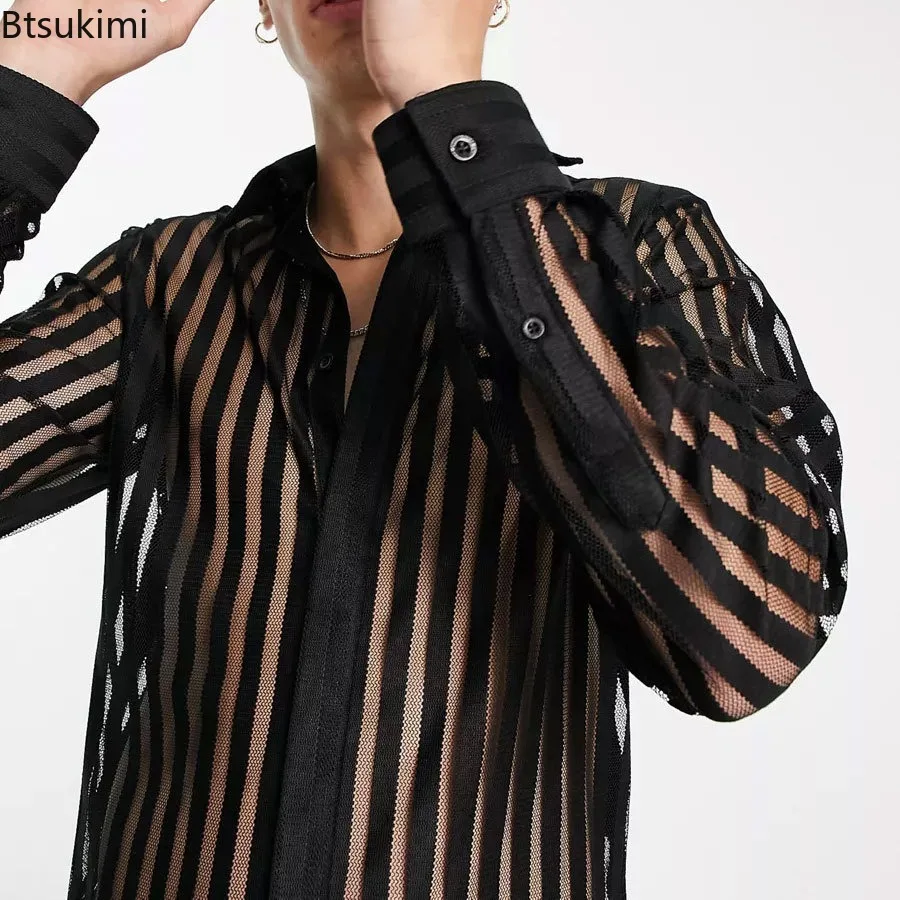 Men's Fashion Long Sleeve Shirts Nightclub Perspective Wear Sexy Breathable Bottom Loose Turn-down Collar Shirt Male Tops Tees