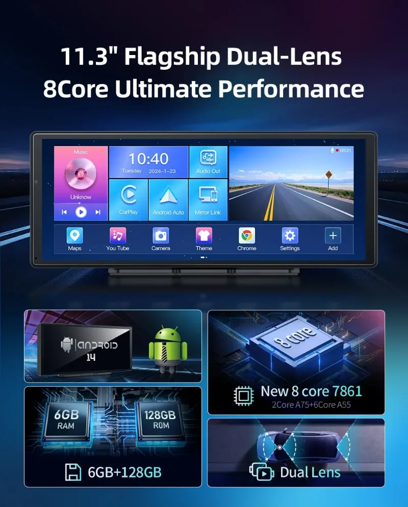 

W60 11.3'' 8 Core 6+128GB Android 14 Dual Len Dash Carplay&Android Auto Google Play Youtube Netflix OTA Upgrade