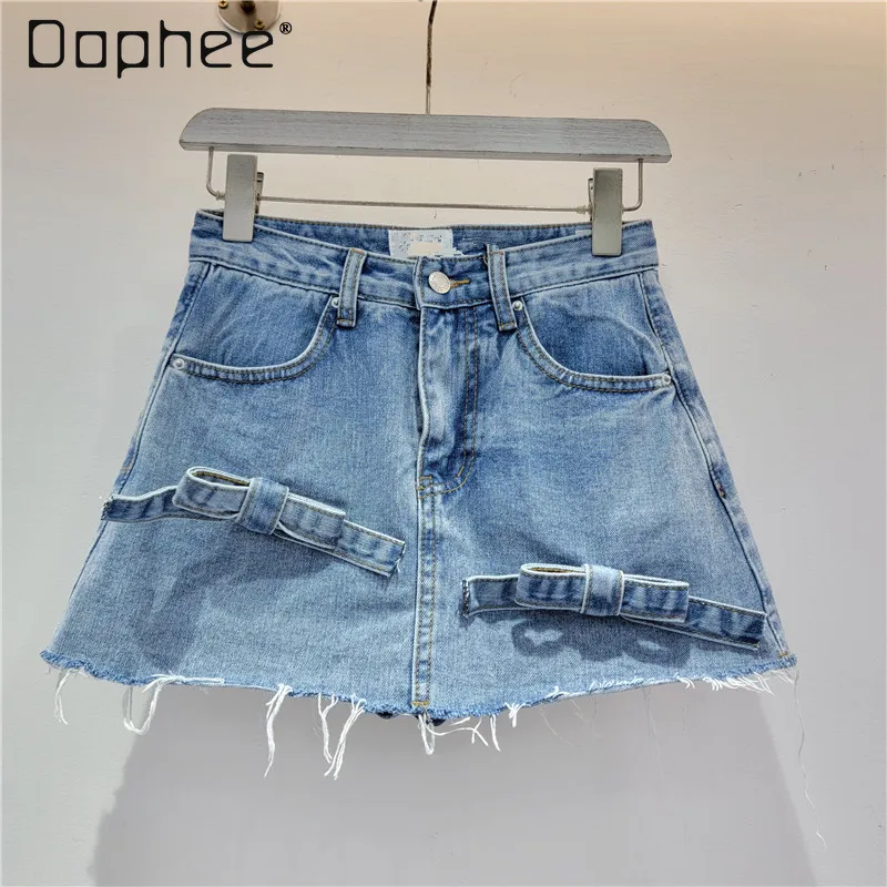 

Retro High Waist Bow Jean Short Culottes Woman 2024 Spring and Summer New Casual Slimming Blue Denim Short Pantskirt for Women