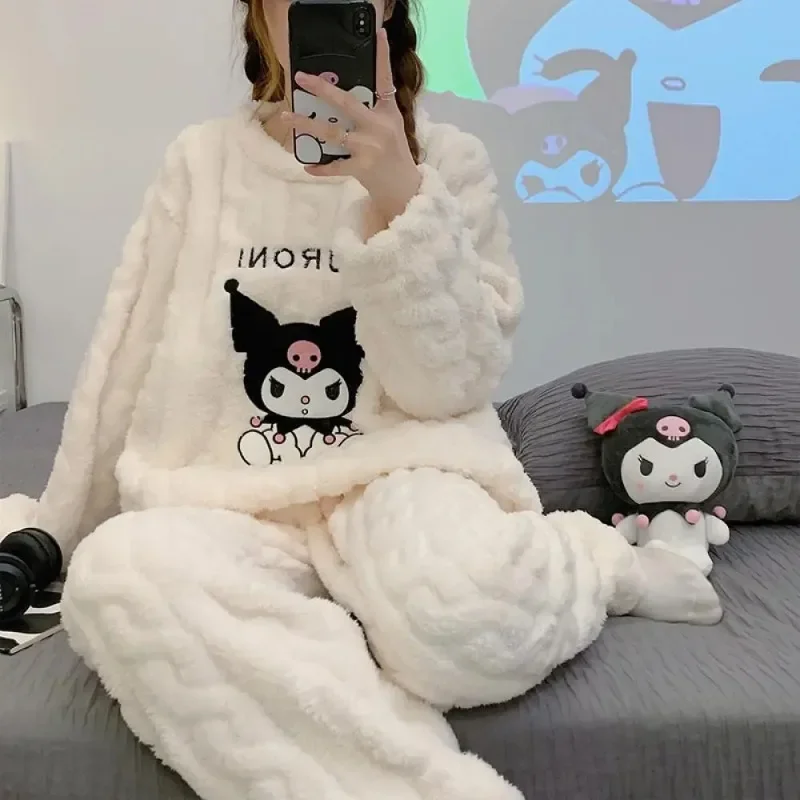 Sanrio Cartoon 2Pcs Kuromi Pajama Set Kawaii  Anime Women Plush Homewear Winter Thicken Long Sleeves Pants Girls Cute Keep Warm