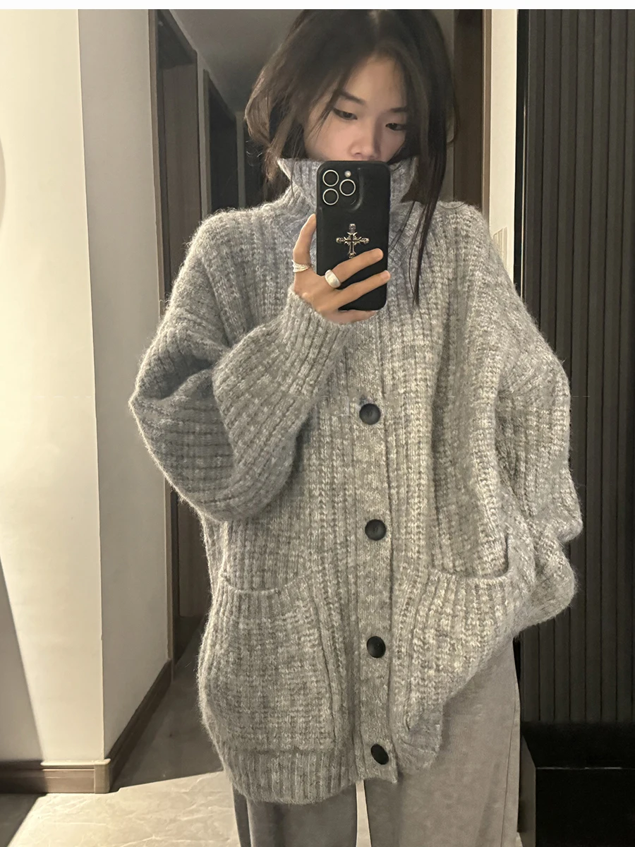 Soft Light-Gray High-Collar Oversized Long Cardigan Sweater