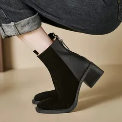 2025 Autumn/Winter New Sheep Fleece Spliced Leather Short Boots Retro Fashion Thick Heel Slim Boots Chelsea Boots Women
