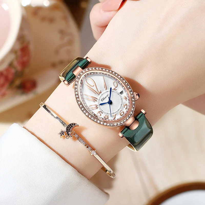 Fashion Chenxi Top Brand New 2022 Women\'s Watch Luxury Rose Gold Ladies Gift Rhinestone Leather Quartz For Women Oval Clock