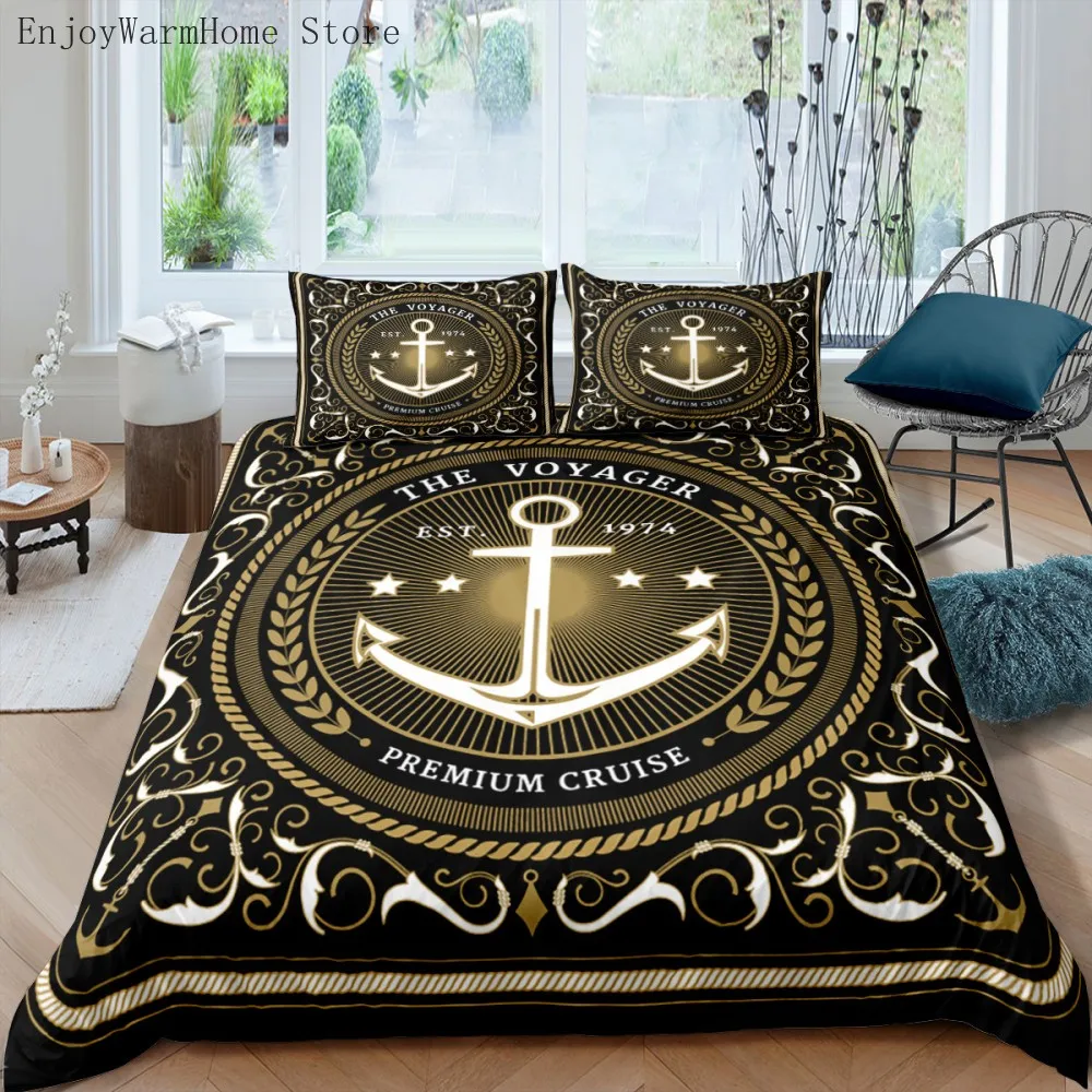 Blue Anchor Bedding Set Sailing Bed Linen Home Decor Single Double Twin Full Size For Boys Adults Compass Stripe Duvet Cover Set