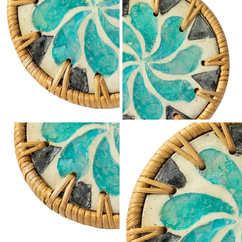 6 Pcs Handmade Round Woven Shell Coasters 10CM Heat Resistant Drink Mats for Tabletop Rattan and Shell Material