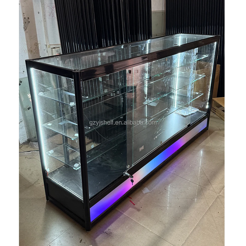Custom.6ft Wide RGB Rainbow Flashing Lighting Boutique Shop Store Full Vision Lockable Glass Counter Display Shelf Adjustable