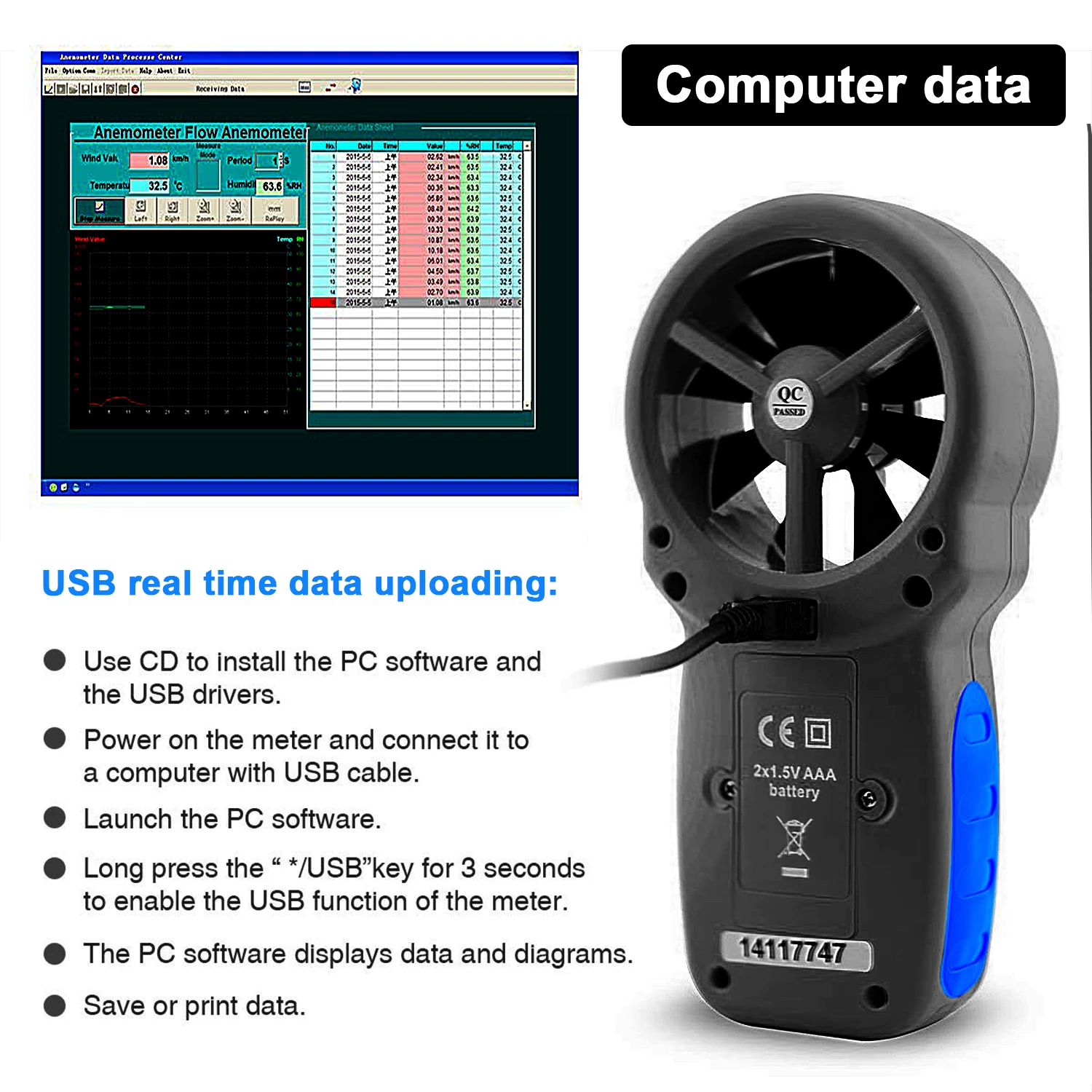 HoldPeak 866A Digital Anemometer - Wind Speed Meter Measures Wind Speed,Temperature,Wind flow with Data Hold & USB