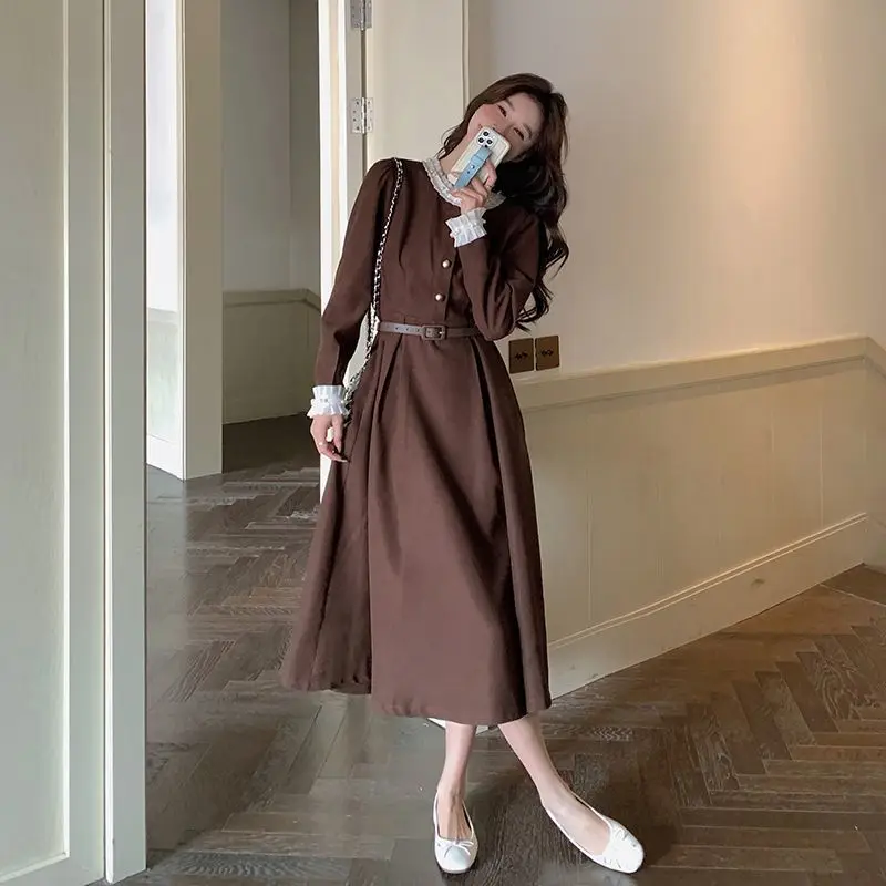 European and American Autumn Winter Solid Color Casual Dress Women Verssatile Bodycon Waist Cinching Single Breasted Skirt C322