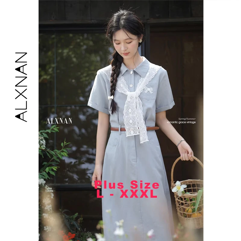 Alxnan plus size vestido azul longo elegante lyocell camisa vestido feminino 2025 renda xale férias roupas casuais das senhoras d10851