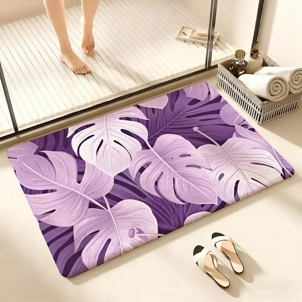 

Purple Tropical Leaves Floor Mat Cozy Flannel Soft Thick Non-Slip Mat For Living Room Bedroom Kitchen Decor Rugs