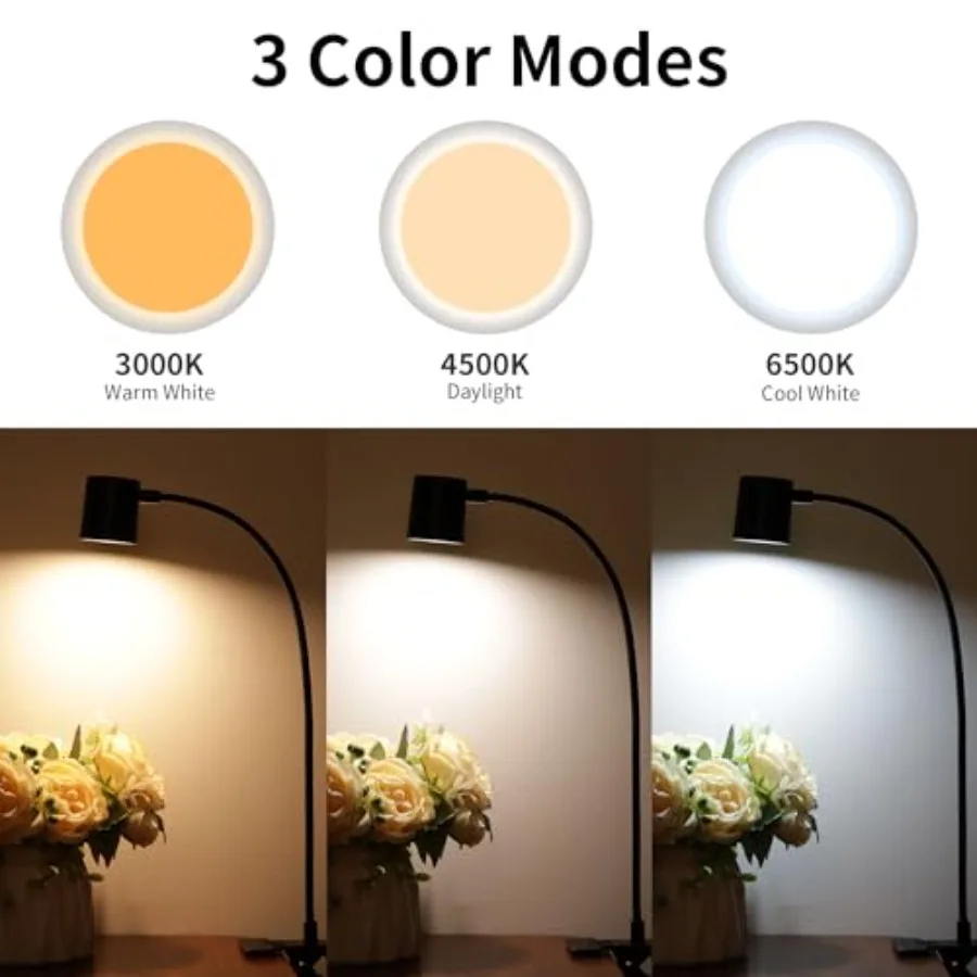 Desk Lamp, USB Clip On Light, Book Lights for Reading at Night, 3 Color Modes, 10 Brightness Clamp Lights, 360° Gooseneck LED R