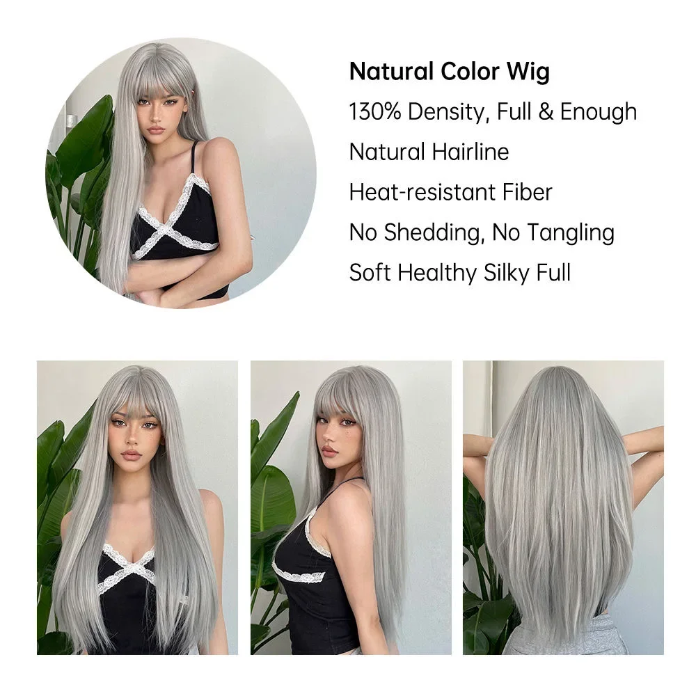 Peruca sintética cinza da vovó, franja natural, cabelo longo e reto, cosplay diário feminino branco, capa de cabeça completa resistente ao calor
