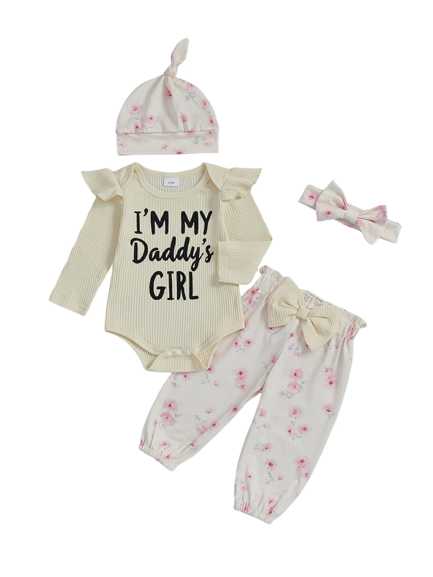 طفل الفتيات 4 قطع السراويل مجموعات طويلة الأكمام س الرقبة إلكتروني طباعة رومبير الأزهار السراويل عقال قبعة مجموعات #2