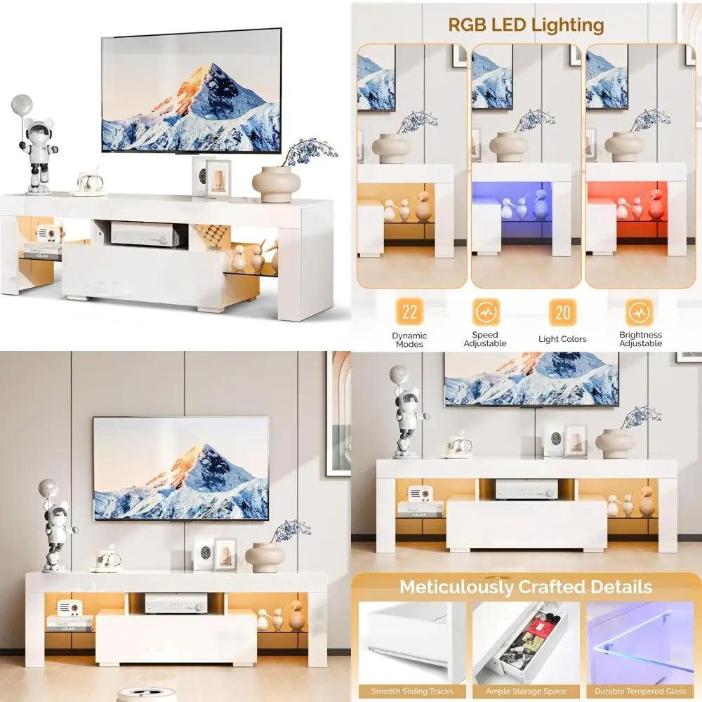 ขาตั้งทีวี LED 51 ดวงแบบโมเดิร์นเงาสูง พร้อมที่เก็บของและไฟ LED สำหรับทีวีขนาด 40-55 นิ้ว ศูนย์รวมความบันเทิง สีขาว