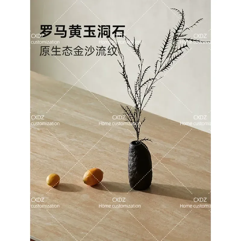 Travertine Rock Slab Dining Table North American Black Walnut Solid Wood Medium Ancient Style Long Desk Wood Grain Table