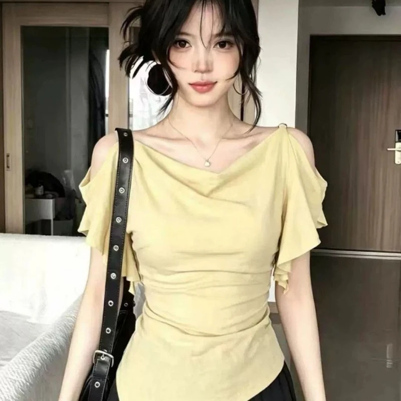 Draped Neckline Korea Chic Ins Spice Girls Tshirt Pure Desire Irregular Slim Ruffles Tops Off Shoulder Ruched Elegant Top