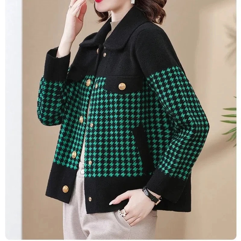 Middle Aged and Elderly Women's Clothing New Style Lapel Houndstooth Jacket Top Mom Short Jacket Cardigan