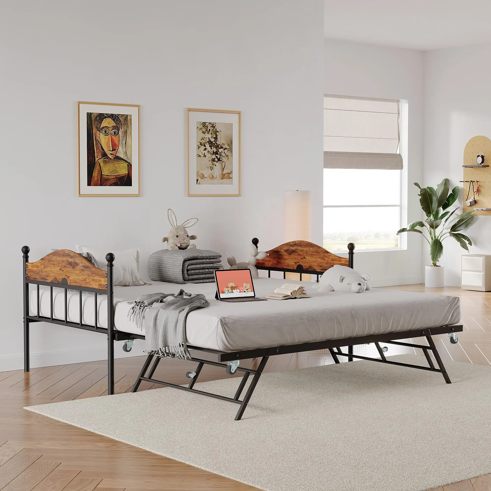 GarveeLife Space-Saving Twin Metal Daybed with Pop-Up Trundle - Stylish Headboard, Heavy-Duty Steel Slat Support, Pull-Out Guest Bed on Lockable Casters, No Box Spring Needed