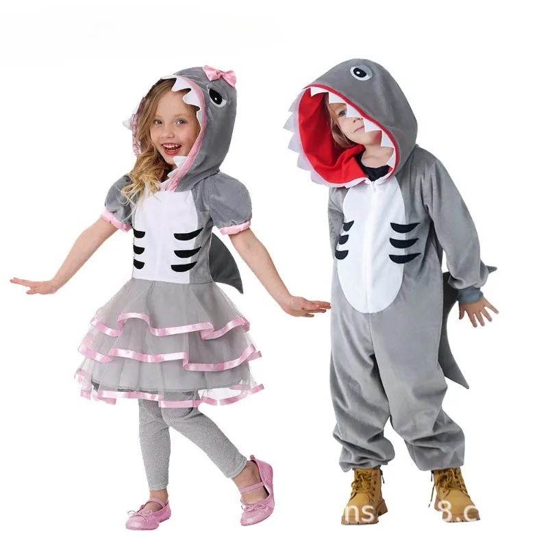 

Shark Cartoon Pajamas Boys Girls Animals Cosplay Costume Gray Jumpsuit School Stage Performance Outfits Role Play Outfit