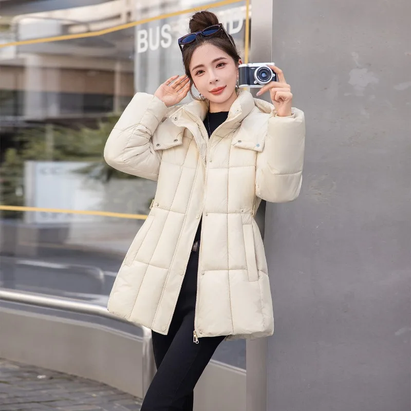 Korean Style Quilted Padded Coat Women Mid-Length Hooded Cinched Waist Zip Up Thickened Thermal Windproof Winter Outerwear