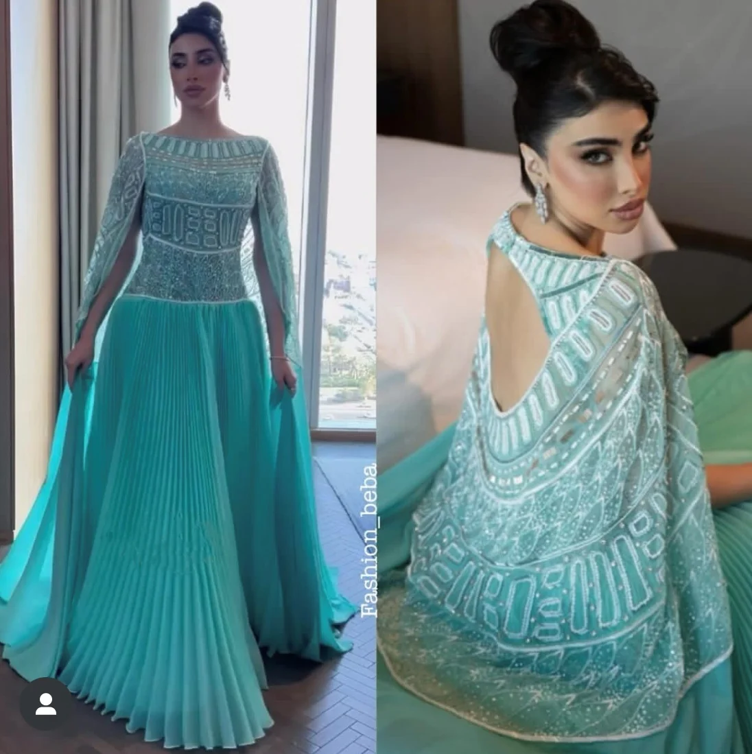 L197 Fashion Green Cape Luxury Beaded Open Back Ruffle A-line فساتين السهرة vestidos de fiesta فساتين سهره evening dresses