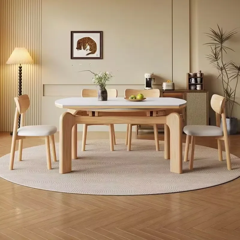 #Modern Cream & Ash White Solid Wood Dining Table Elephant Leg Japanese Style Rectangular Stone Slab Extendable and Assembled