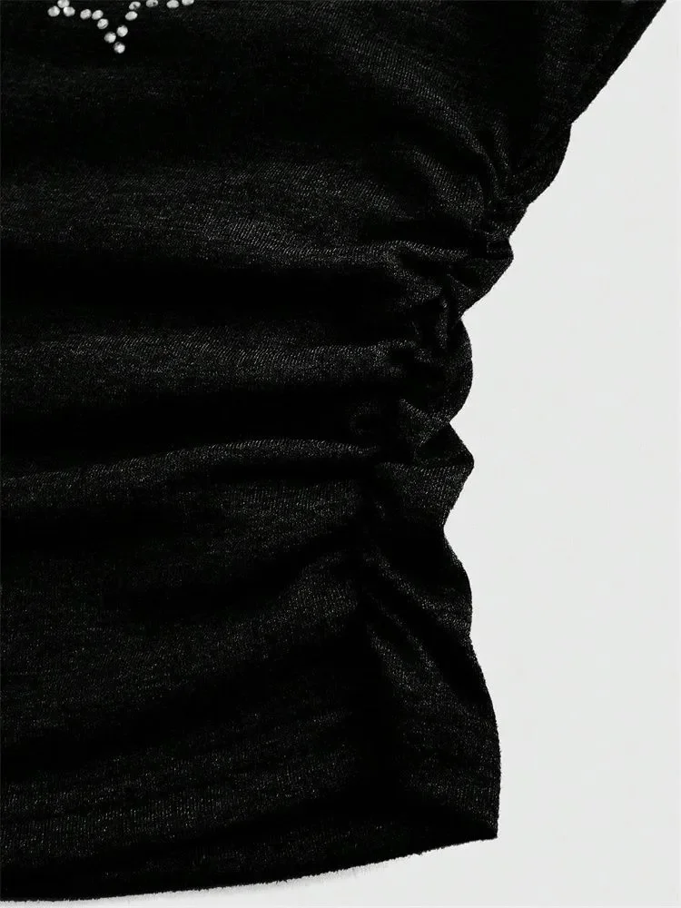 الراين ستار نمط صديرية دائرية للنساء مثير قبالة الكتف Ruched المحاصيل الأعلى الصيف Y2K ملابس الشارع الشهير #4