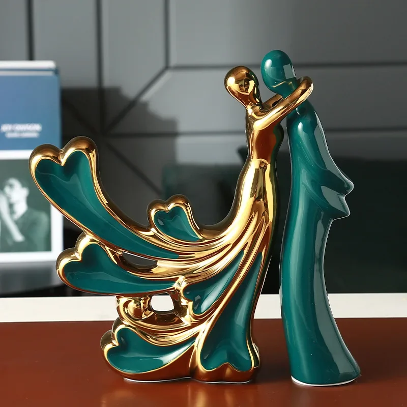 ديكور المنزل تمثال السيراميك الإبداعية سطح المكتب زخرفة زوجين هدية الزفاف الشمال موراندي الأخضر غرفة المعيشة مكتب ديكور #4
