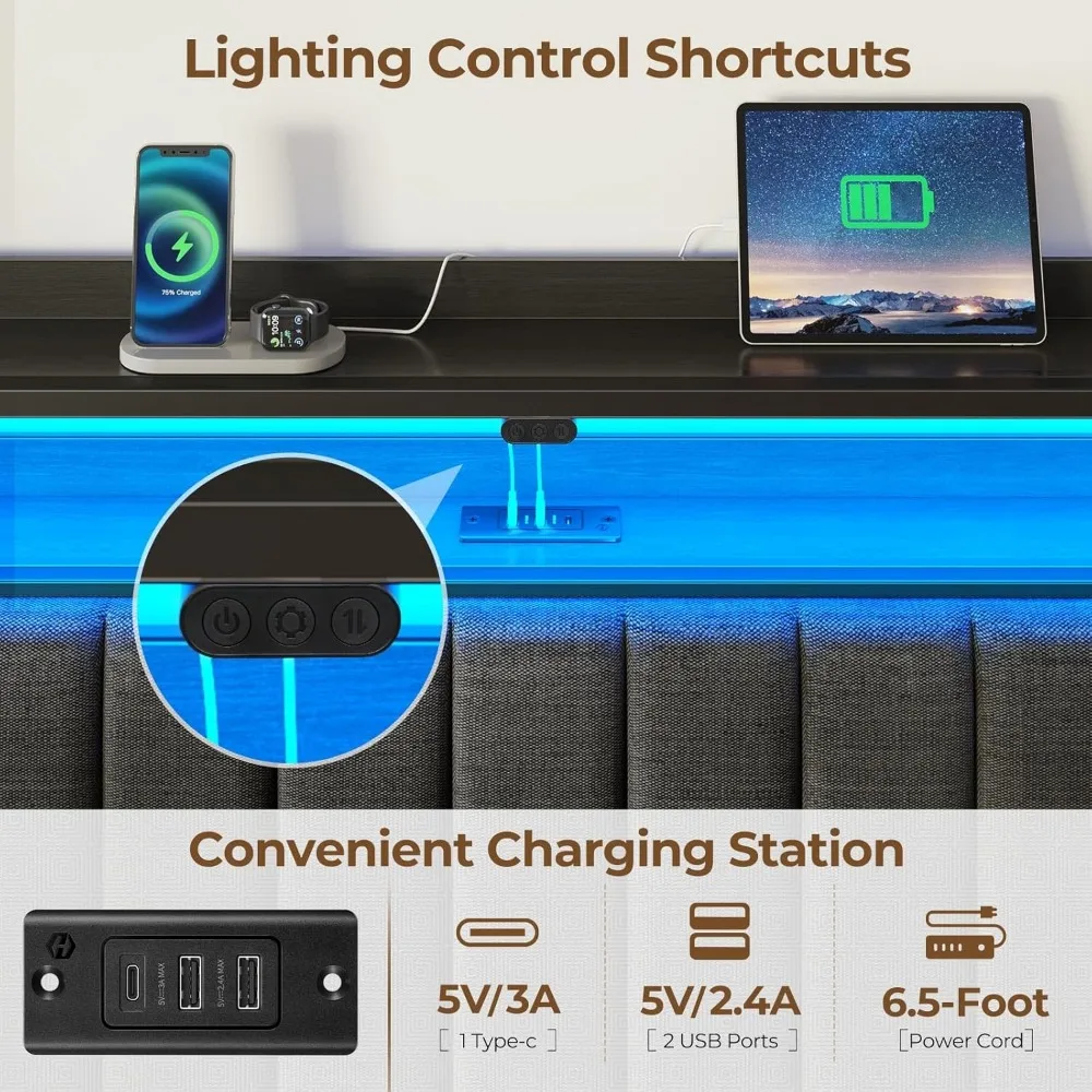 Headboard untuk tempat tidur ukuran Queen dengan penyimpanan, 60,000 warna lampu LED DIY, papan kepala dengan Port USB & tipe C, tinggi dapat diatur