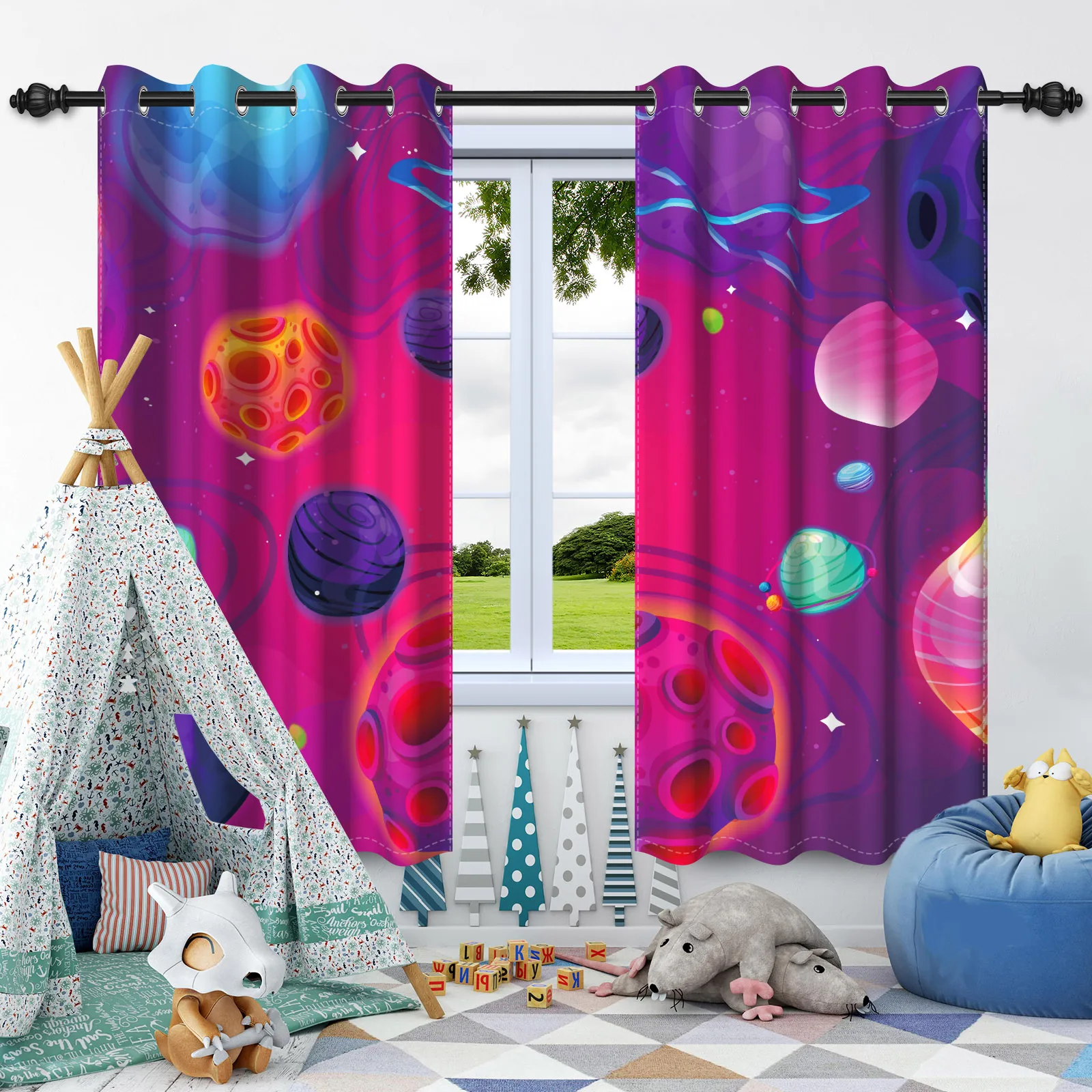 

Cosmic Starry Sky Astronaut Printed Curtains, Home Decoration Kid Bedroom Kitchen Living Room Window Cover Shading Curtains 2pcs