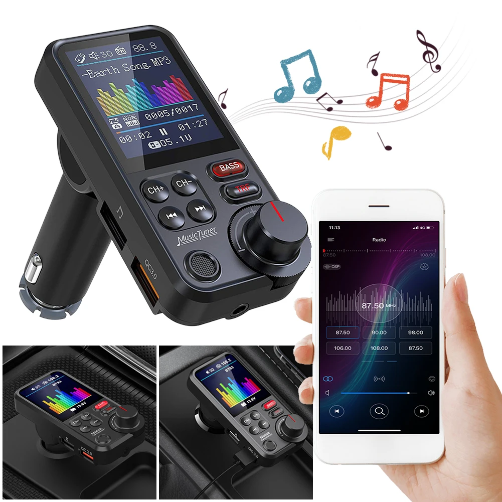 

1.8 Inch Wireless Car Bluetooth-Compatible FM Transmitter Aux Supports QC3.0 Charging Treble and Bass Sound Music Player