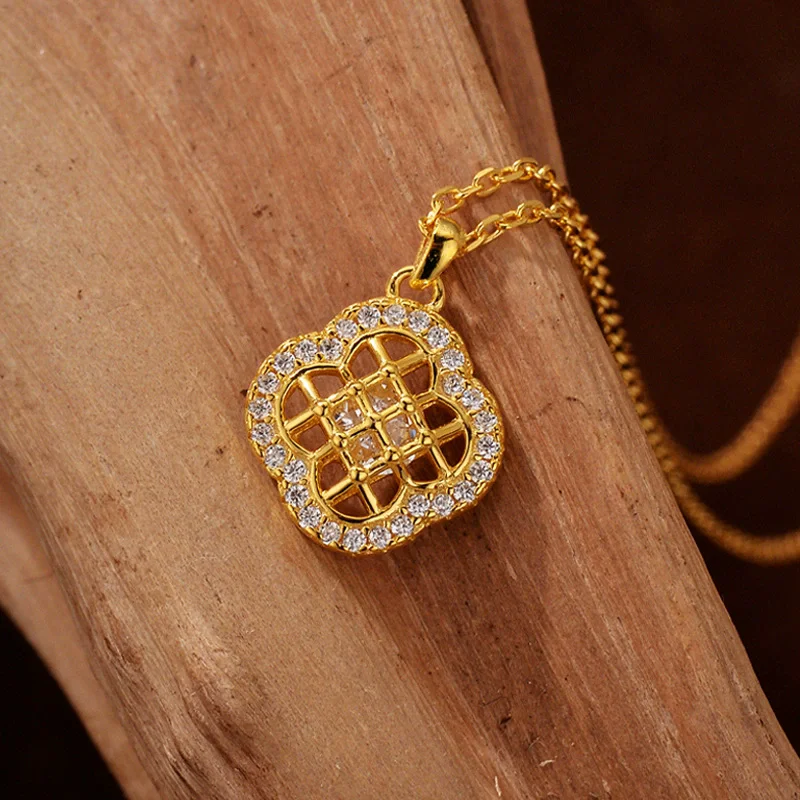 

S925 pure silver women's necklace gold-plated zircon geometric grid European and American fashion jewelry party accessories