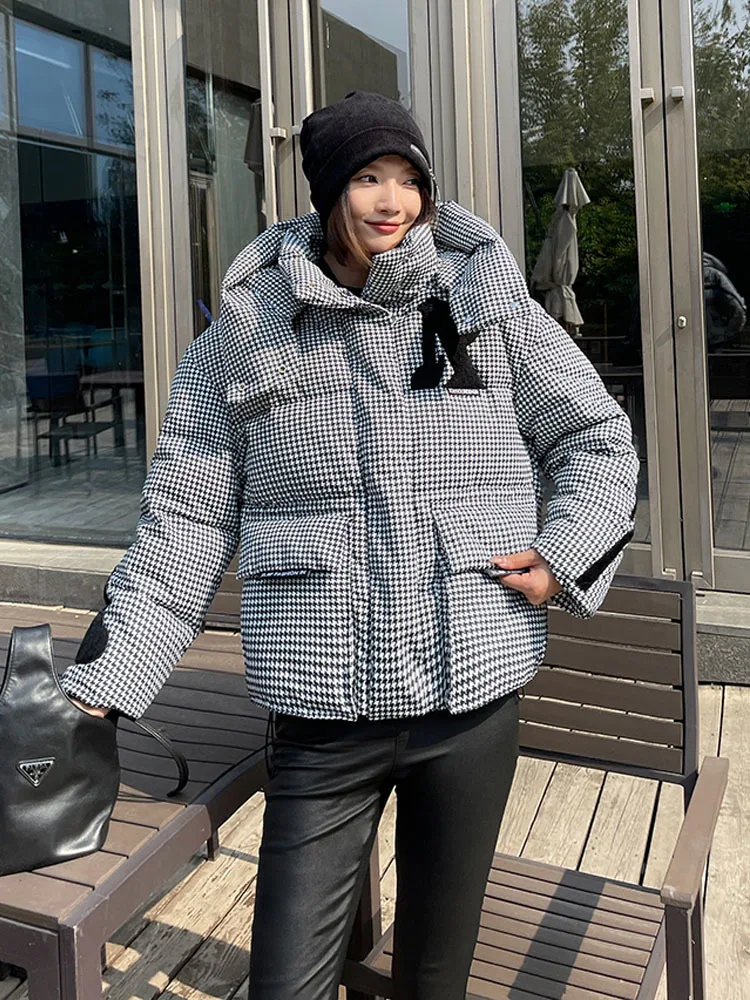 Jackets for Women 2022 Winter New Houndstooth Printed Women\'s Short Thickened Hooded Loose Cotton Quilted Coat