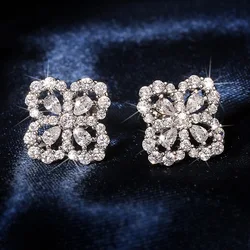Classic Luxury Four-leaf Clover Stud Earrings Flower Design Shine Oval Zircon Earrings for Women's Wedding Jewelry