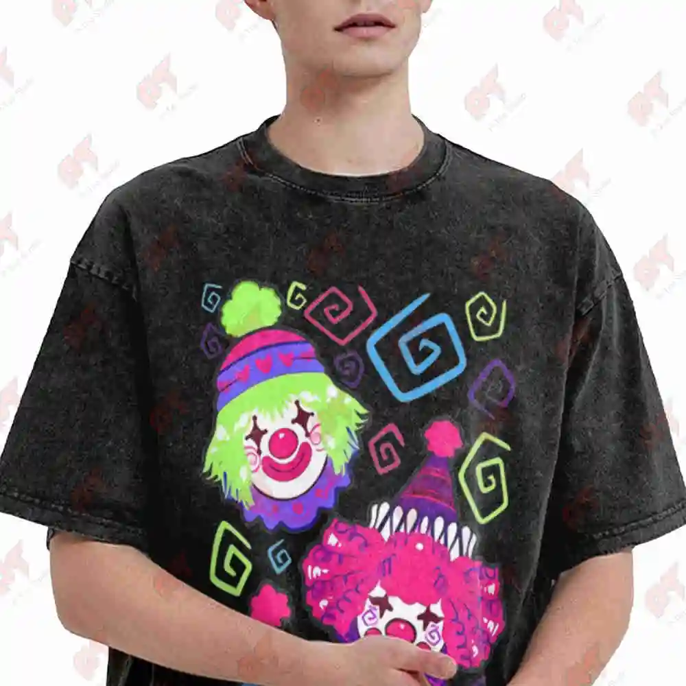 Neon Geometric Clown Face Circus Carnival Vintage Washed Tee Pure Cotton T-Shirt