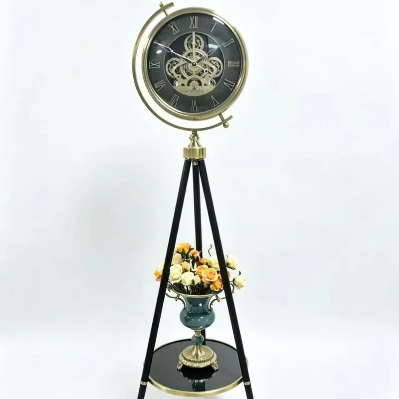 Retro Three Legged Wall Clock with Gear Design and Storage Tray for Living Room Home Decor Vintage Style Wooden Hanging