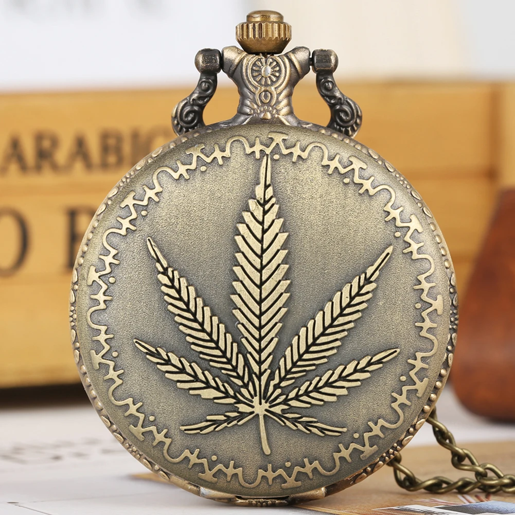 Retro Bronze Leaf Design Analog Quartz Necklace Pocket Watch Antique Gifts for Men Women