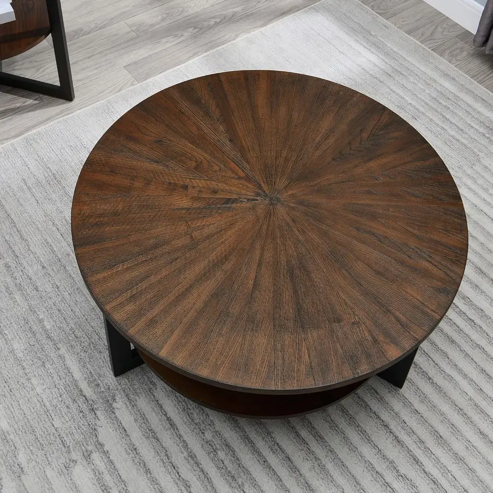 

Round Coffee Table with Storage Shelf, Black Metal Legs, Natural Brown Circular Solid Wood, 35.3 Diameter x 17.8 Height