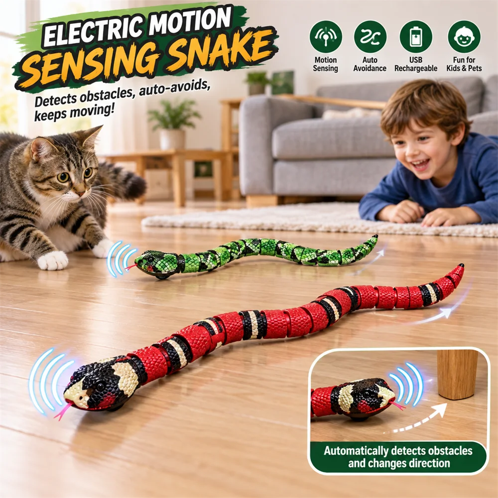 Realistic Smart Red Green Sensor Snake Toy, USB Rechargeable Lifelike Prank Reptile, Auto Avoid & S-Shape Move for Kids Pets