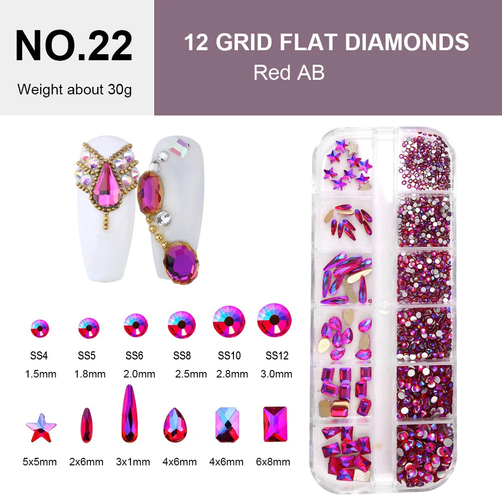 

12 Grids Glitter Red AB Crystal Rhinestones Mix Shapes Nail Art Accessories Diy Decorations Nail Charms Free Shipping