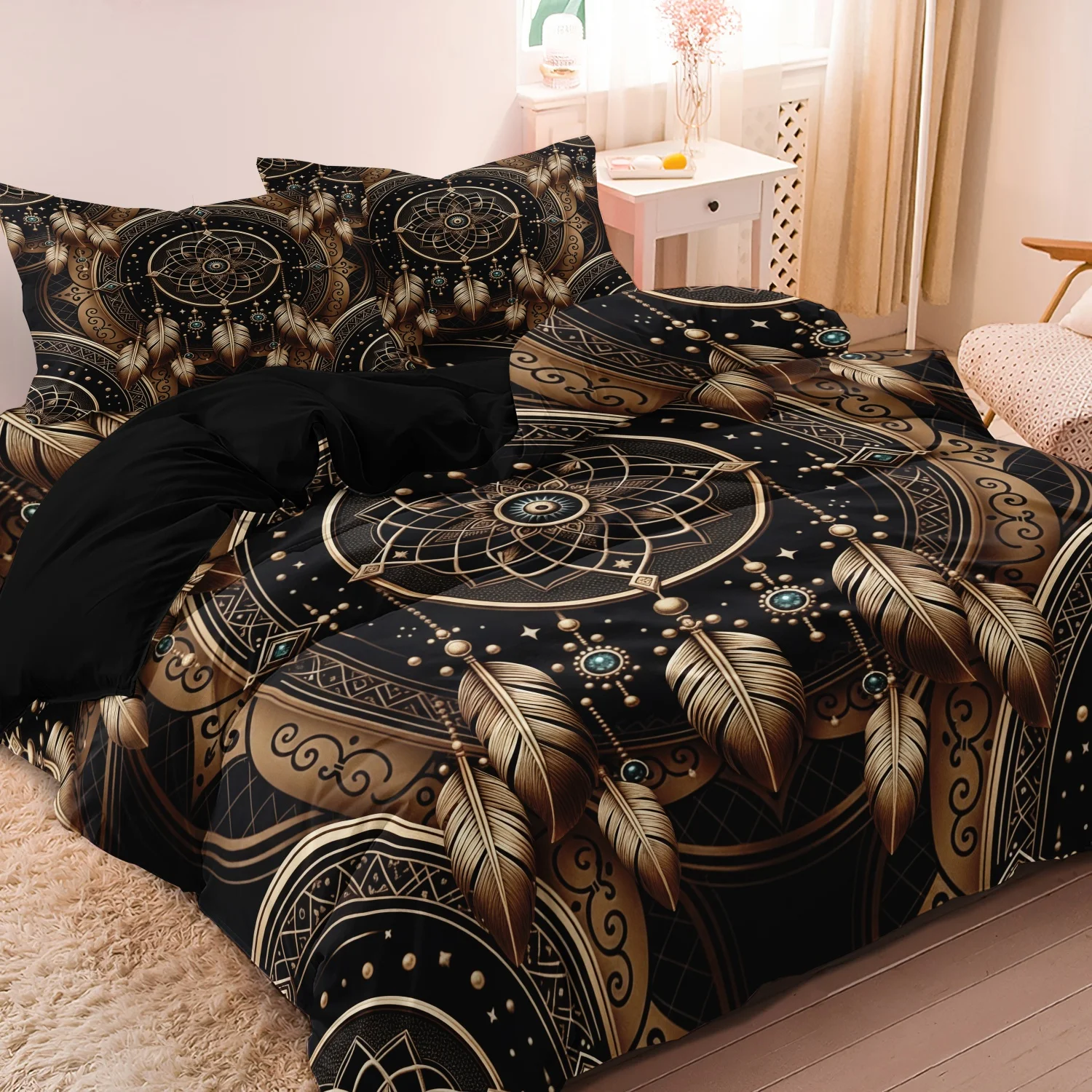 Juego de ropa de cama con funda nórdica tribal de plumas de atrapasueños, estampado de cuentas occidental (1 funda nórdica + 2 fundas de almohada) para el hogar y el dormitorio, 3 piezas