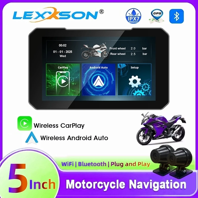 กล้องติดรถมอเตอร์ไซค์พร้อมระบบนำทางขนาด 5 นิ้ว รองรับ Wireless Carplay และ Android Auto ความคมชัดระดับ HD 1080P พร้อม GPS