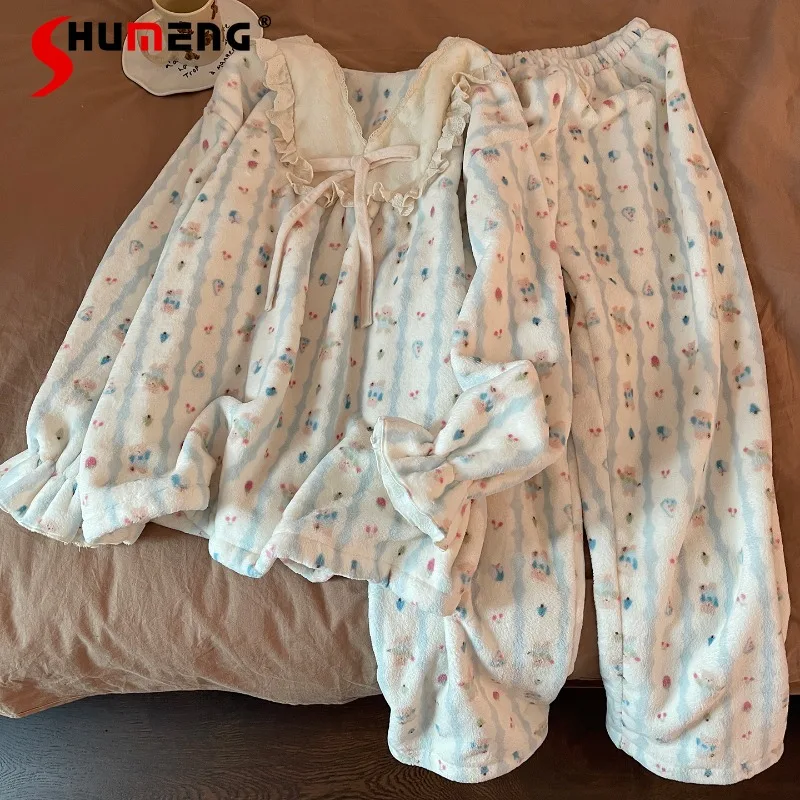 

Blue Striped Pajamas Suits for Women Winter Fleece Thickened Warm Sleep Wear Female Japanese V Neck Cute Bear Homewear Set