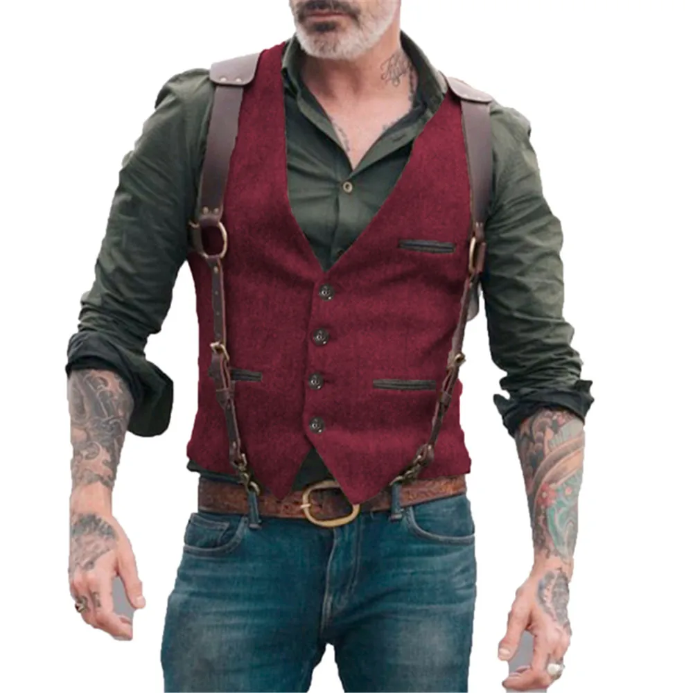 Heren Pak Vest Bordeauxrood Visgraat Tweed Vintage Steampunk Gilet V-Hals Heren Heren Zakelijk Vest Voor Trouwvest